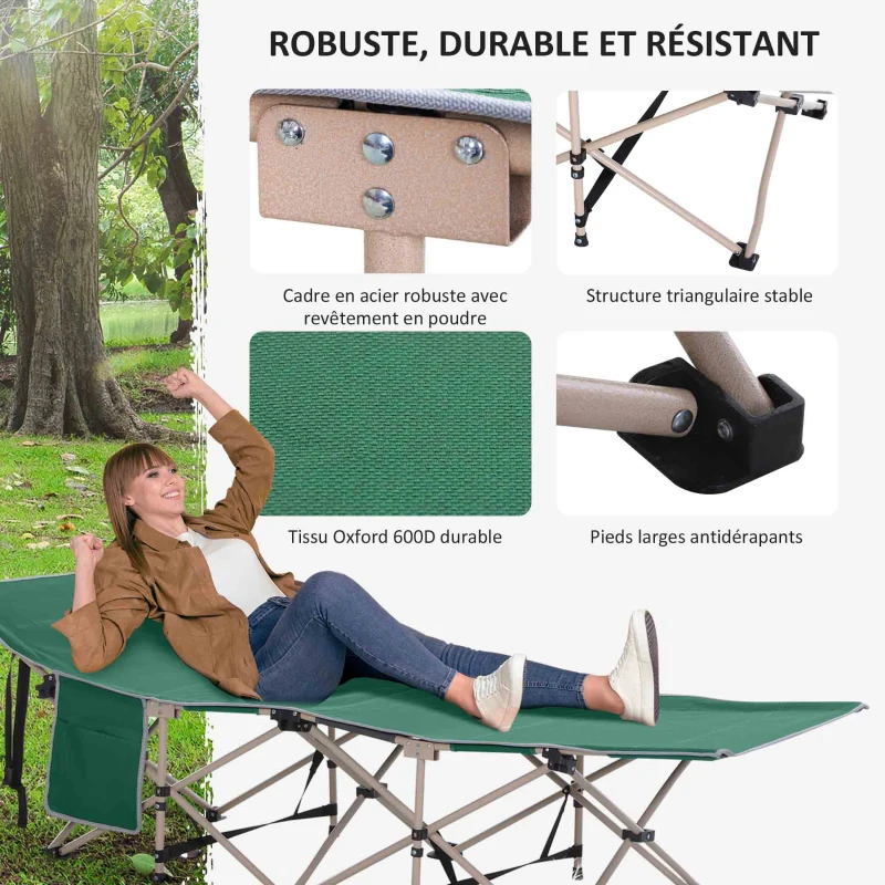 Outsunny Lit de camping pliable, lit de camp cadre en acier sac de transport charge max. 150 kg 190 x 68 x 52 cm vert