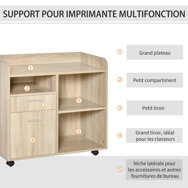 Vinsetto Support d'imprimante - Caisson d'organisation de Bureau Roulant - Dim. 80l x 40P x 72H cm en Bois Chêne clair