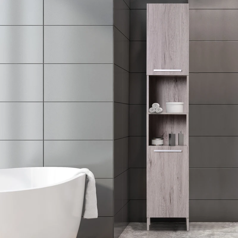 HOMCOM Meuble Colonne Rangement Salle de Bain dim. 30L x 32l x 172H cm 2 placards avec étagère + 2 niches MDF Imitation Bois Gris