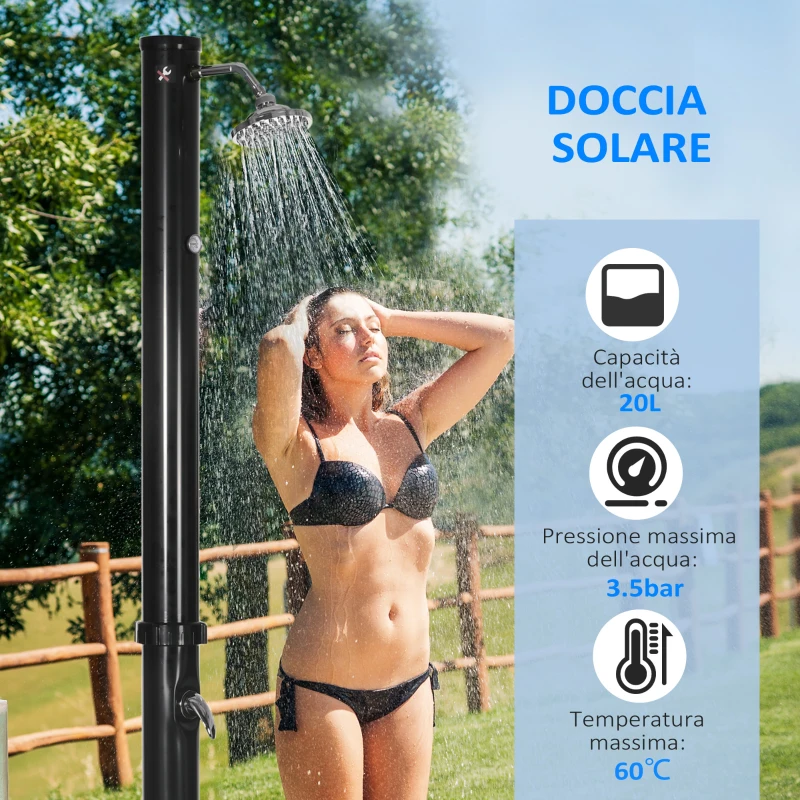 Outsunny Doccia Solare da 20L con Rubinetto Inferiore e Temperatura Regolabile, in Lega di Zinco, 15.5x15.5x222 cm, Nero
