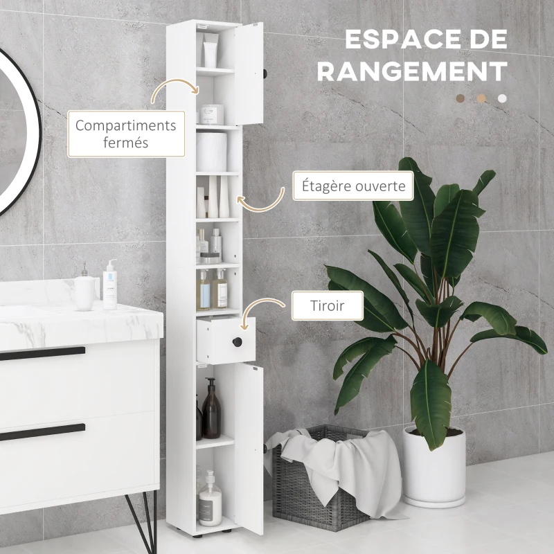 kleankin Colonne de rangement armoire haute pour salle de bain 1 tiroir 4 étagères réglables et 2 placards 20 x 20 x 180 cm blanc