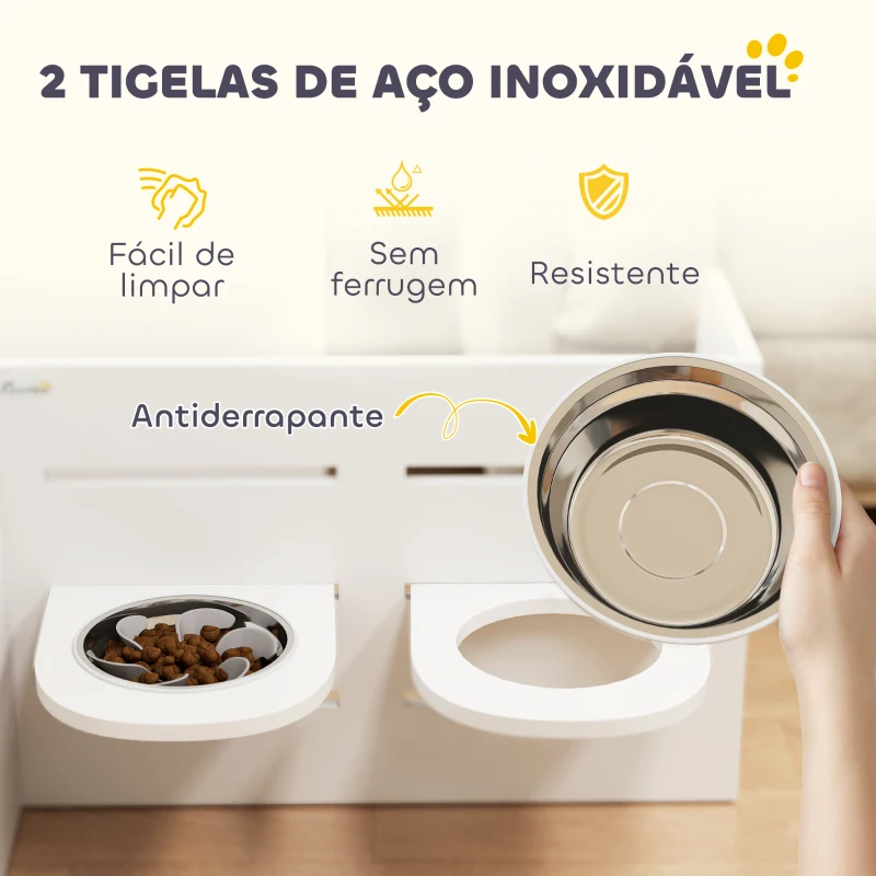 PawHut Comedouro para Cães Elevado com 3 Alturas 2 Tigelas 2x1L e Sistema de Alimentação Lenta 63x58,5x40 cm Branco