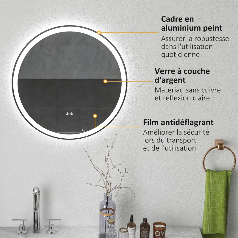 kleankin Miroir rond lumineux LED de salle de bain Ø 60 cm mural avec éclairage 3 couleurs interrupteur tactile 29W blanc argent