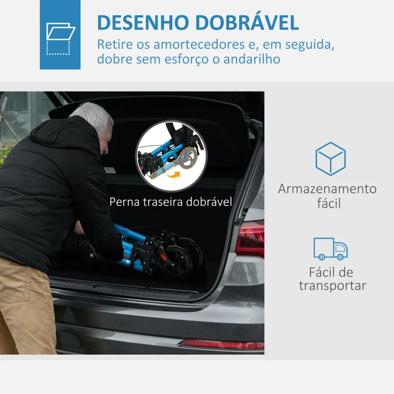 HOMCOM Andarilho Idosos Dobrável de Alumínio com Altura Ajustável Travão e Bolsa de Transporte 66x65x80-93 cm Preto e Azul