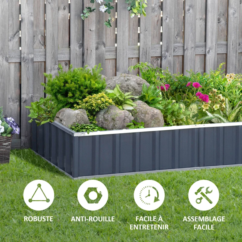 Outsunny Carré Potager de Jardin 174 x 90 x 30 cm - modulable, Montage sans Outils, Gants fournis - tôle d'acier ondulée Anthracite