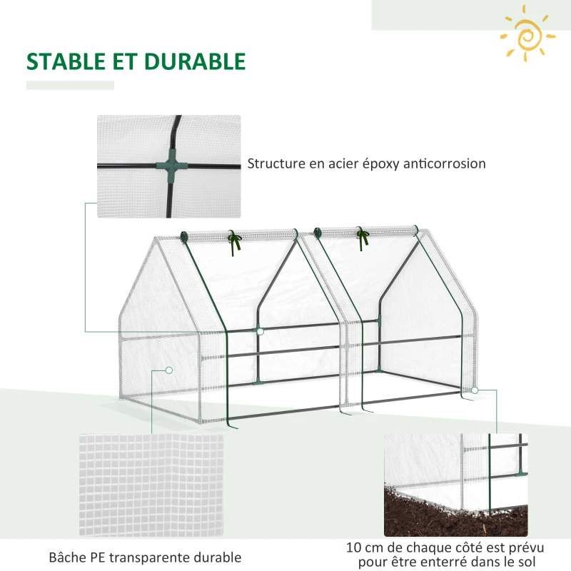 Outsunny Mini Serre de Jardin mini serre tunnel 180L x 90l x 90H cm toit pointu Acier PE Haute densité 140 g/m² Anti-UV 2 fenêtres avec Zip enroulables Blanc