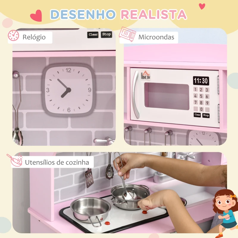 HOMCOM Cozinha Infantil para Crianças acima de 3 Anos Cozinha Infantil com Luzes Sons Lavatório Fogão e Forno 70x29x90cm Rosa
