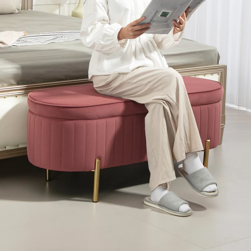 HOMCOM Banco Pé de Cama Estofado em Veludo Banco de Arrumação e Pés Dourado Banco para Entrada Dormitório 108x44x43,5 cm Rosa