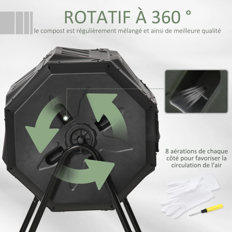 Outsunny Composteur de Jardin - bac à Compost pour déchets - Rotatif 360° - Double Chambre 160 L - Acier PP Noir