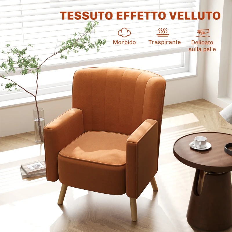 HOMCOM Poltrona d'Arredo Moderna con Schienale Inclinato, in Tessuto Effetto Velluto, 70x76x92 cm, Marrone
