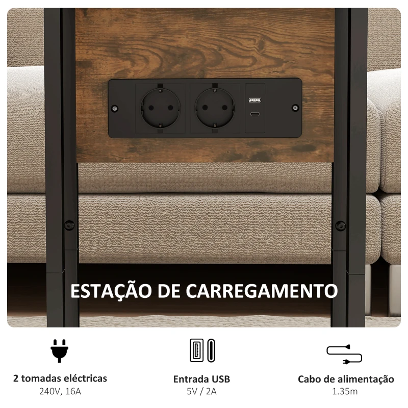 HOMCOM Mesa Auxiliar para Sofá com Tampo Dobrável Estação de Carga e Pés Ajustáveis para Espaços Pequenos Madeira