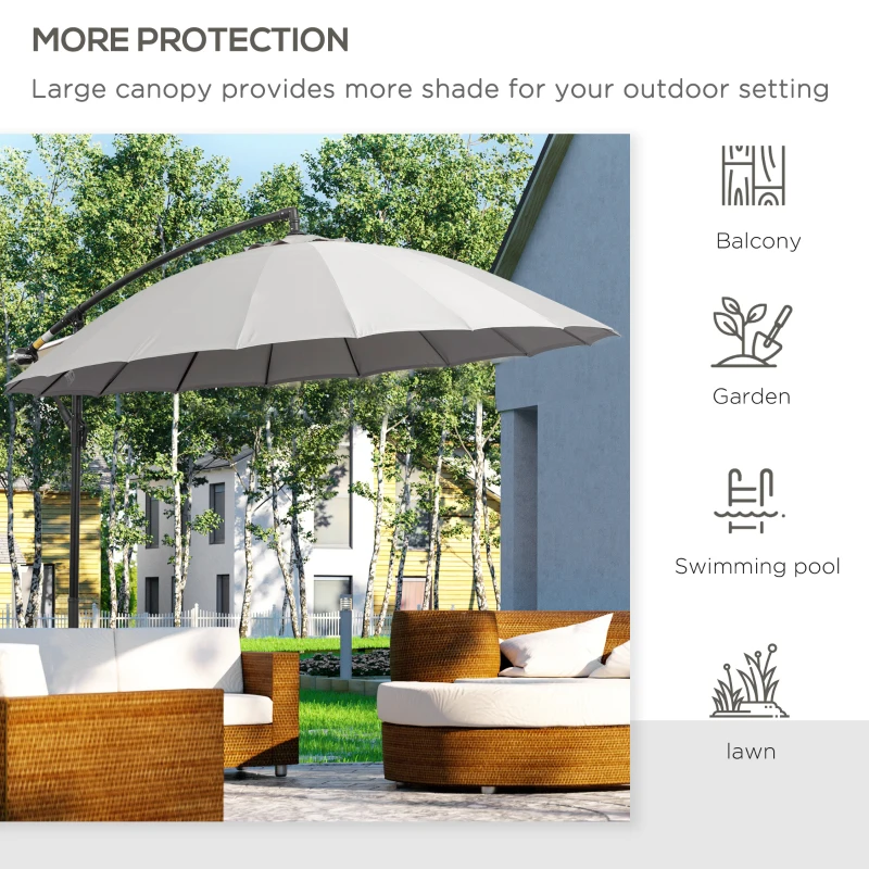 Outsunny 3(m) Cantilever Umbrella 18 Ribs & Vents Adjustable Angle for Patio Light Grey