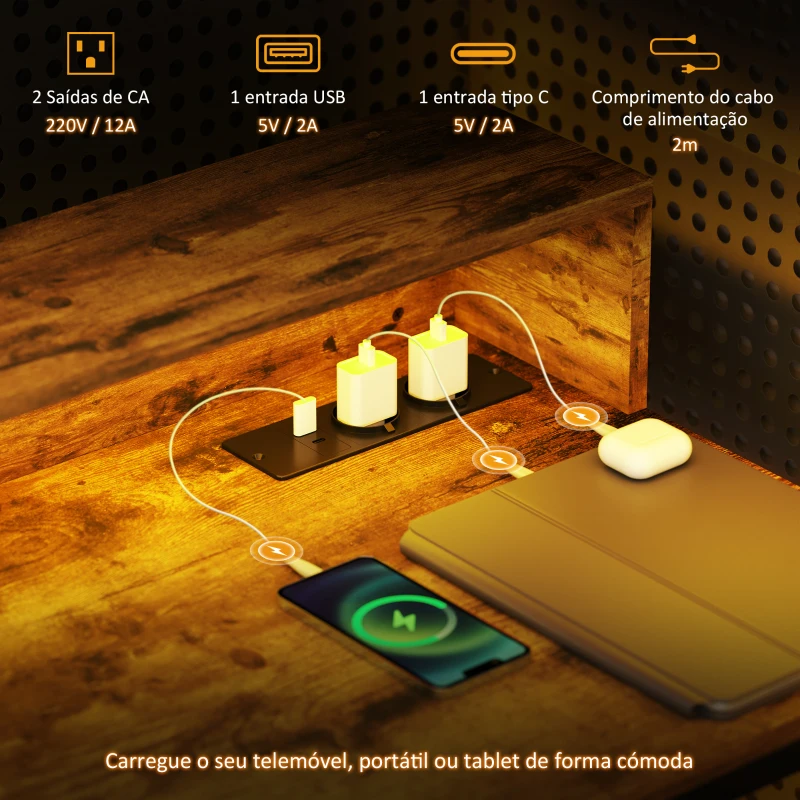 HOMCOM Secretária Estilo Industrial com Luzes LED Tomadas de Corrente Suporte para Monitor e Controlo Remoto 100x50x90,5 cm Marrom