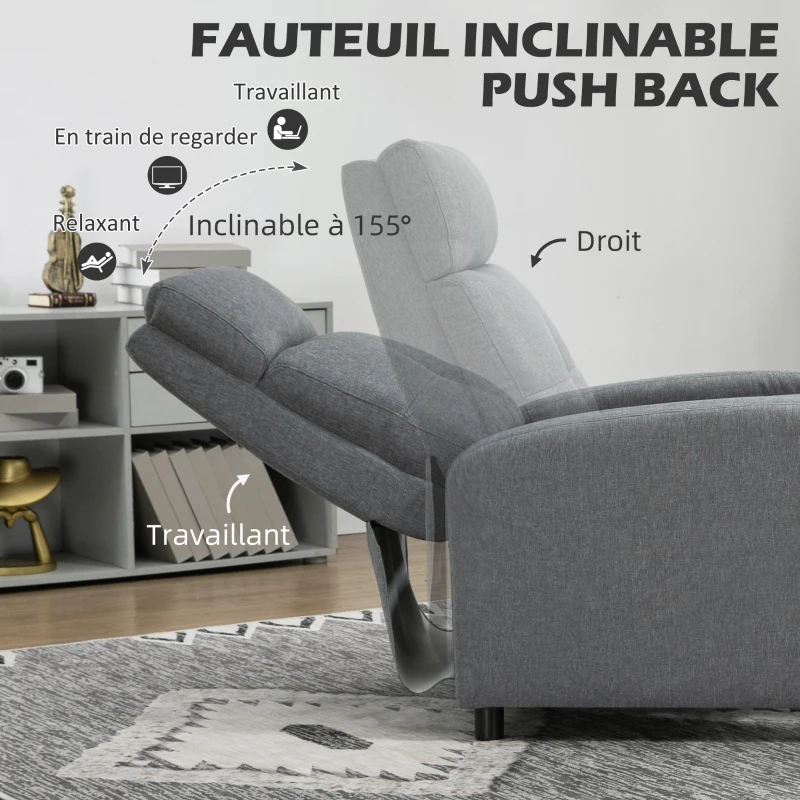 HOMCOM Fauteuil de relaxation inclinable manuellement avec repose-pied revêtement effet lin gris(m-4)