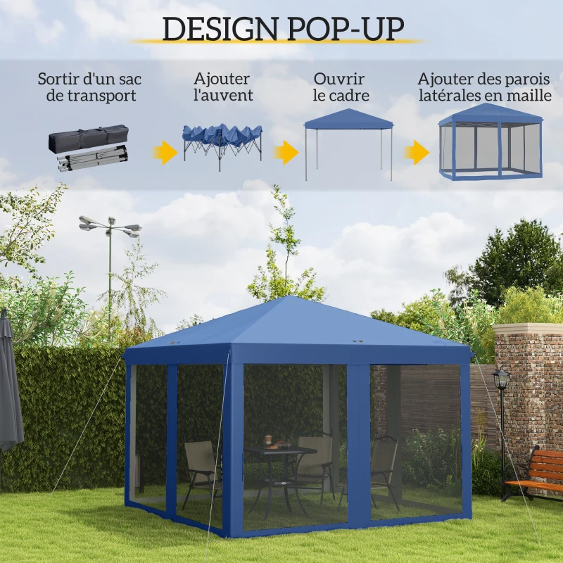 Outsunny Tonnelle pop-up Barnum Pliant Style Colonial 3 x 3 m 4 moustiquaires + Sac de Transport bleu