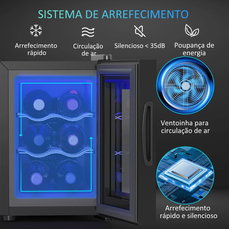 HOMCOM Cave de Vinho para 6 Garrafas com Luz LED Ecrã Tátil Controlo de Temperatura e 2 Prateleiras Ajustáveis 26,5x51,5x39,3 cm Preto