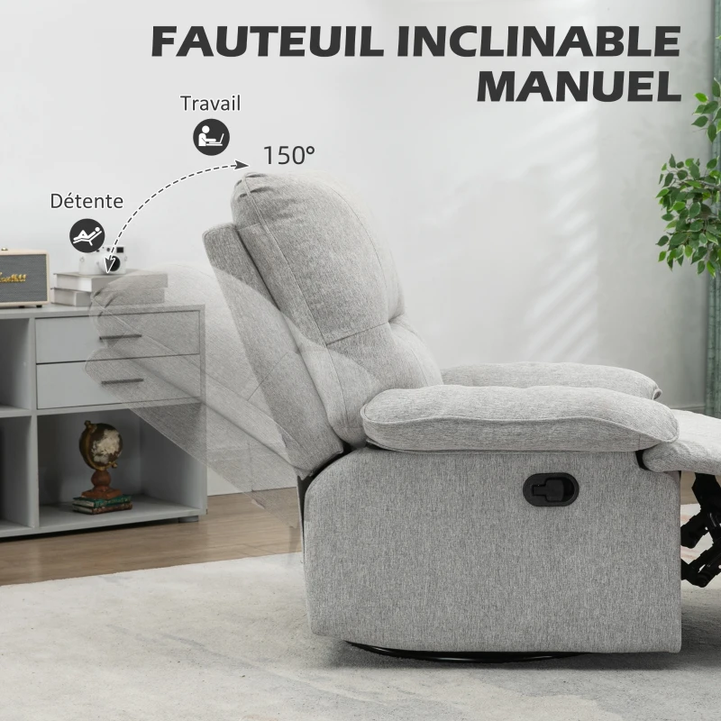 HOMCOM Fauteuil de relaxation inclinable manuellement avec repose-pied ajustable tissu aspect lin gris clair