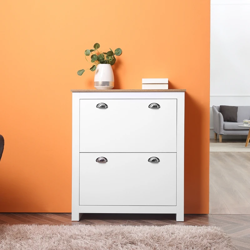 HOMCOM Meuble à chaussures 12 paires, armoire à chaussures étroite avec 2 tiroirs rabattables et étagères réglables, poignées coquilles métal, pour couloir, entrée, 79 x 23 x 90,5 cm, blanc et chêne