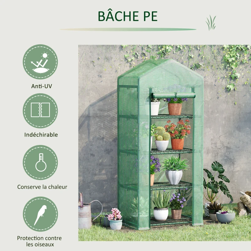 Outsunny Serre de jardin PE avec étagères 4 niveaux, serre de balcon, bâche renforcée 140 /m², châssis en acier, porte zippée enroulable, pour légumes plantes, intérieur extérieur, 70x50x160cm, vert