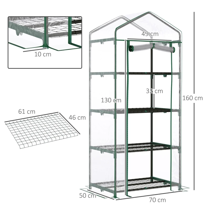 Outsunny Serre de jardin avec étagères 4 niveaux, serre de balcon, bâche renforcée PVC, châssis en acier, porte zippée, pour légumes plante fleurs, intérieur et extérieur, 70x50x160cm, transparente