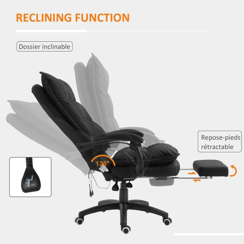 Vinsetto Fauteuil de bureau massant, chaise de bureau, chaise ergonomique avec hauteur réglable, dossier inclinable, repose-pied intégré et télécommande filaire, pivotant à 360°, toile de lin noir