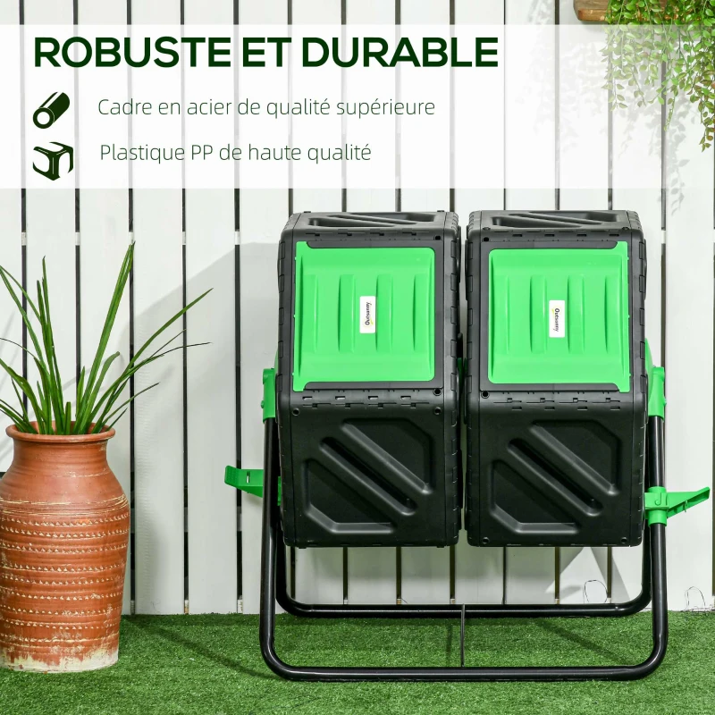 Outsunny Composteur de jardin bac à compost pour déchets rotatif 360° double chambre 130 L acier PP 67 x 60 x 77 cm noir