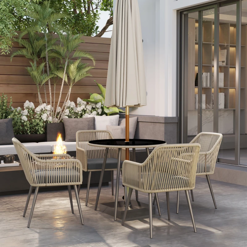 Outsunny Salon de jardin extérieur en résine tressée 4 places - coussins et table ronde en verre, pour terrasse, jardin, marron(m-9)