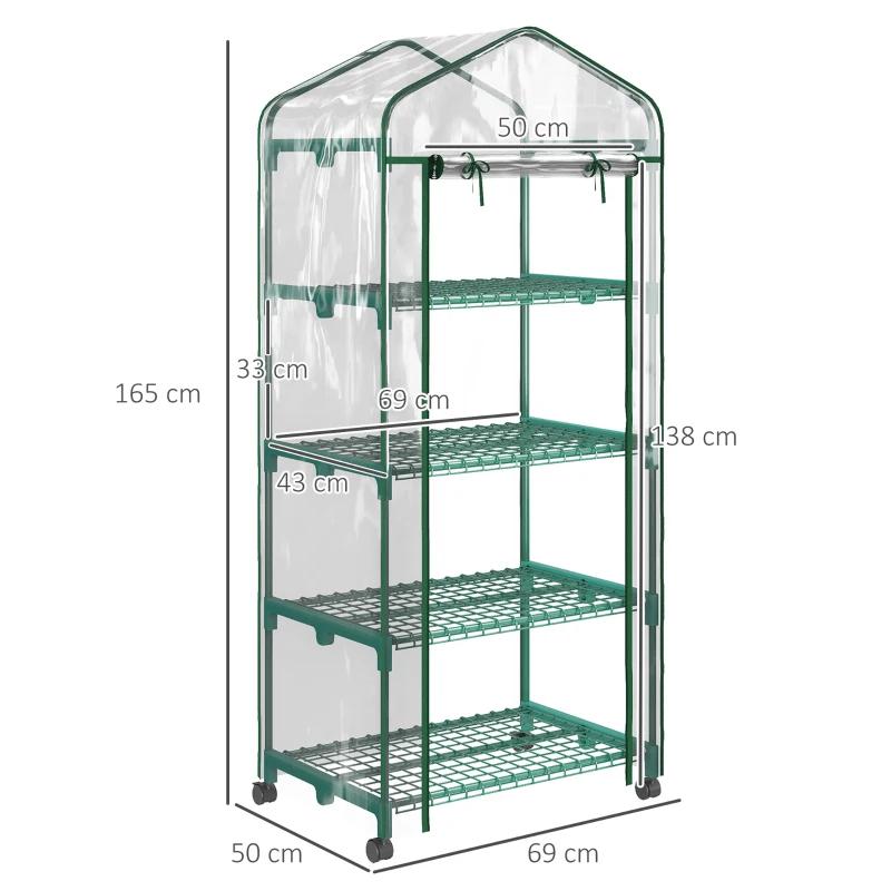 Outsunny Serre de jardin avec étagères 4 niveaux, serre de balcon, bâche renforcée, châssis en acier, porte zippée, pour légumes plantes fleurs, intérieur et extérieur, 69 x 50 x 165 cm, transparent