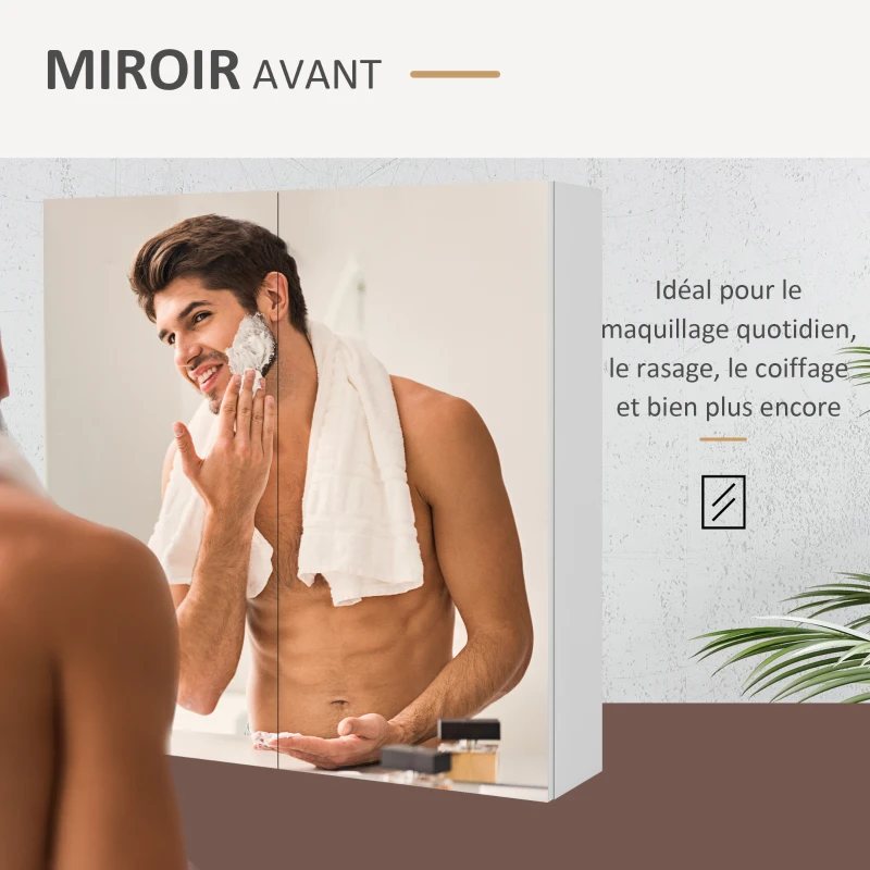 kleankin Armoire murale de salle de bain miroir placard de rangement 2 portes 3 niveaux étagère réglable 60 x 15 x 60 cm blanc