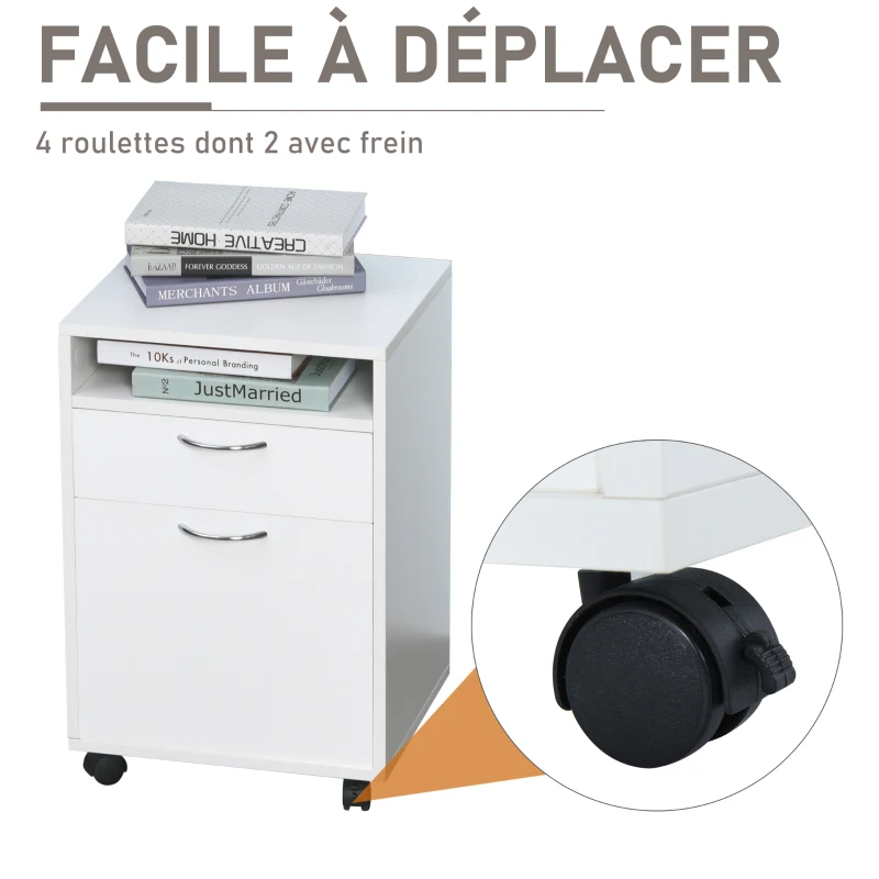 HOMCOM Caisson de bureau rangement bureau sur roulettes tiroir placard niche panneaux particules blanc