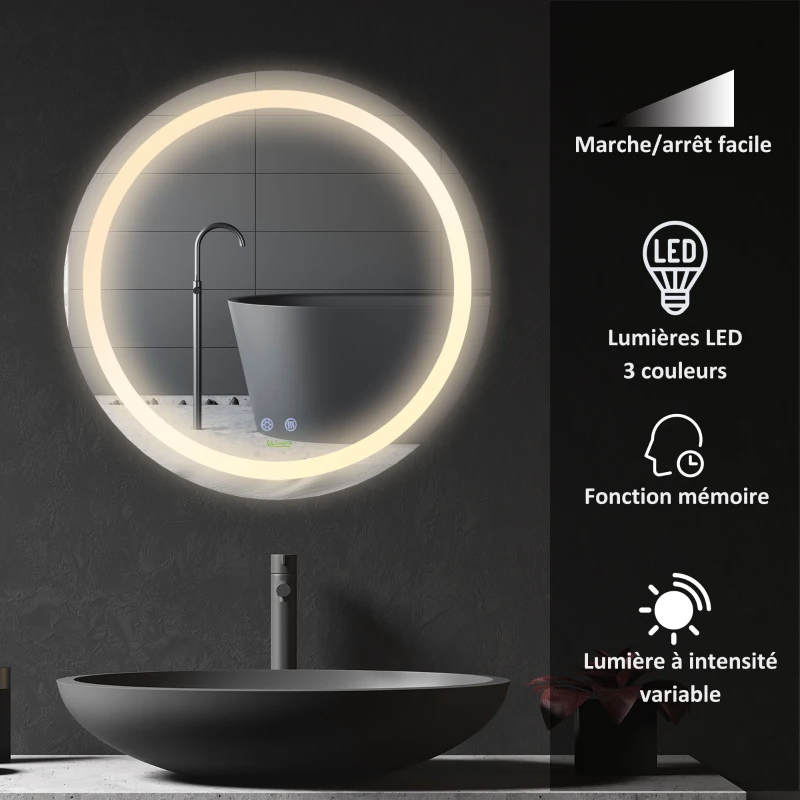 kleankin Miroir de salle de bain rond LED Ø 60 cm miroir mural avec éclairage interrupteur tactile fonction de mémoire système anti-buée aluminium