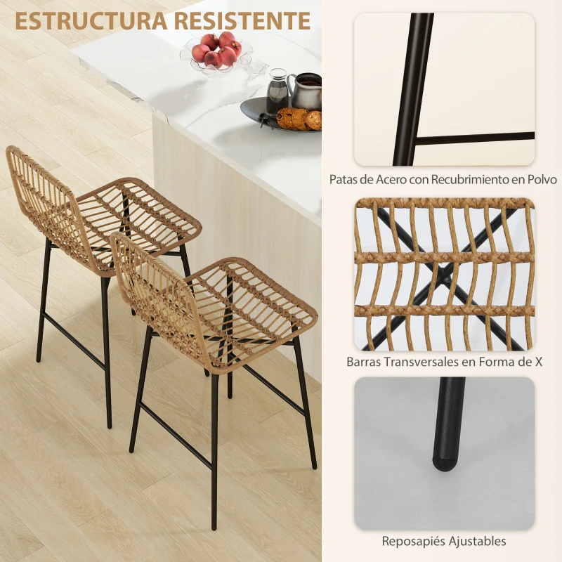 HOMCOM Conjunto de 2 Taburetes Altos de Cocina Taburetes de Bar con Respaldo y Asiento de Ratán para Bar Cocina Comedor Marrón