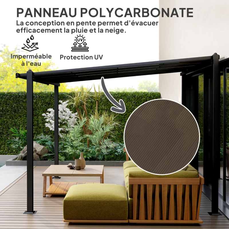 Outsunny Pergola jardin extérieur en aluminium 3 x 3 m avec toit en polycarbonate imperméable et système de drainage, gris