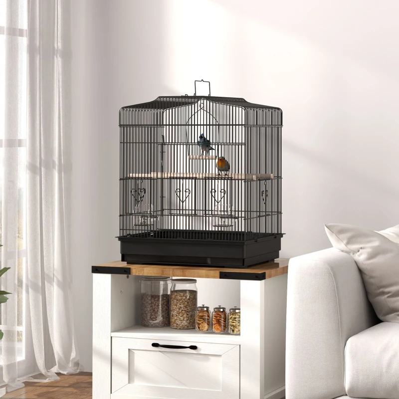 PawHut Gaiola para Pássaros 46,5x36x59 cm Gaiola de Metal para Pássaros com 2 Comedouros 2 Poleiros Baloiço Bandeja Amovível Preto