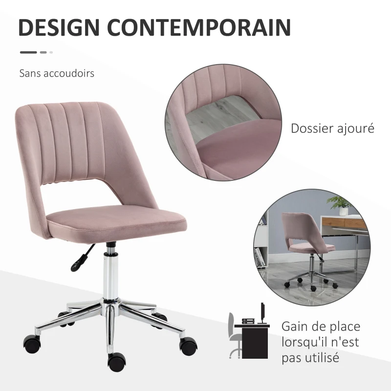 Vinsetto Chaise de bureau design contemporain pivotante 360° ergonomique dossier strié aéré hauteur réglable revêtement velours 49 x 60 x 91 cm rose