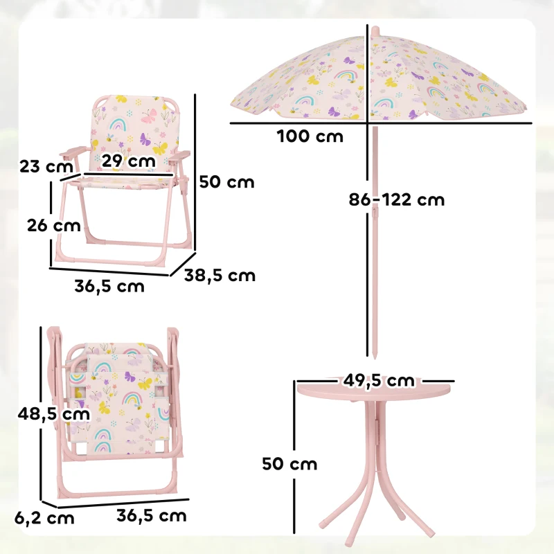 AIYAPLAY Conjunto de Mesa e Cadeiras para Crianças de Jardim com Cadeiras Dobráveis Chapéu de Sol Ajustável e Desenho de Raposas Rosa