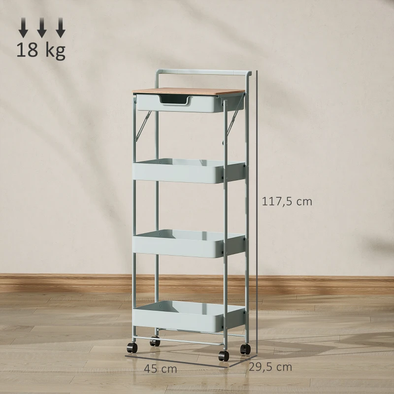 HOMCOM Carrinho Auxiliar com Rodas de 4 Níveis Carrinho de Cozinha com 1 Gaveta e 3 Cestos Carrinho Organizador 45x29,5x117,5 cm Verde