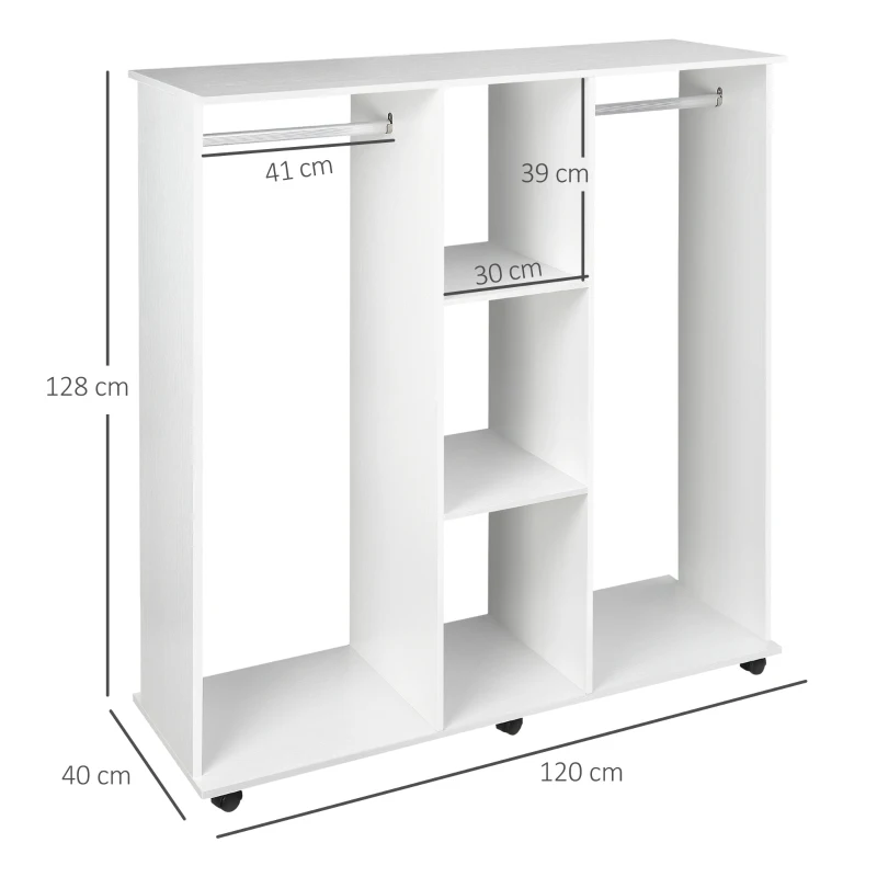 HOMCOM Armoire penderie Meuble de Rangement Mobile 6 roulettes 120L x 40l x 128H cm Panneau de Particules Blanc