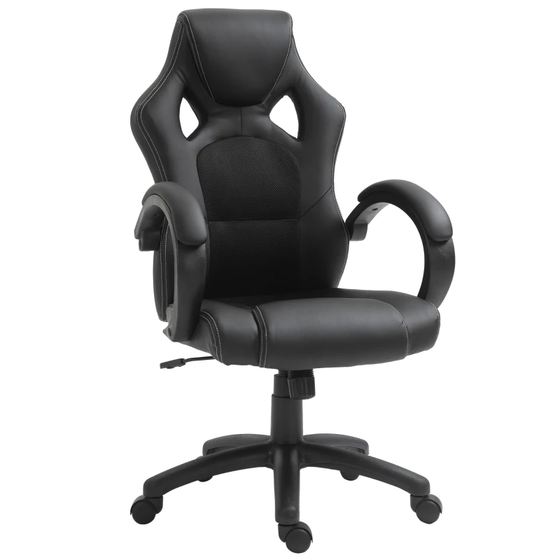 HOMCOM Cadeira de Escritório Ergonómica Cadeira de Escritório Giratória com Altura Ajustável Encosto Alto Estofado em Couro PU e Malha Transpirável 71x61x108-118cm Preto