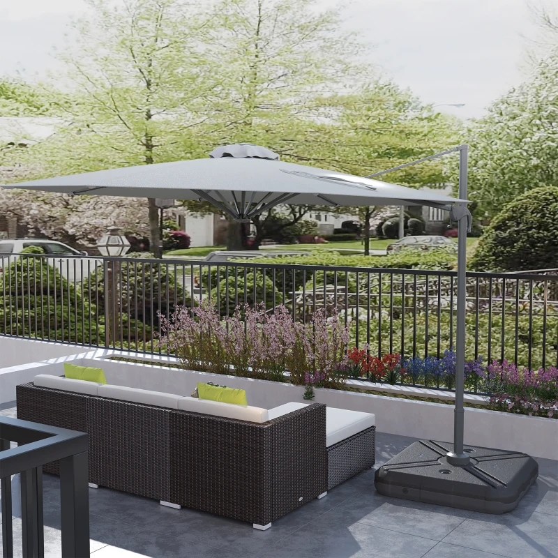 Outsunny 3(m) LED Cantilever Parasol Garden Sun Umbrella w/ Cross Base and Solar Lights Grey