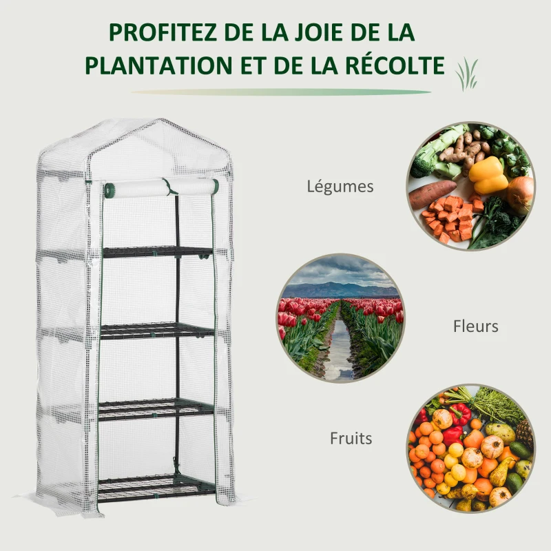 Outsunny Serre de jardin PE avec étagères 4 niveaux, serre de balcon, bâche renforcée 140 /m², châssis en acier, porte zippée enroulable, pour légumes plantes, intérieur extérieur, 70x50x160cm, blanc
