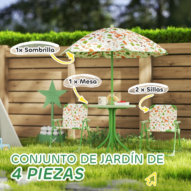 AIYAPLAY Conjunto Infantil de Jardín Plegable con 2 Sillas Mesa y Sombrilla Ajustable para Niños de 2 a 5 Años Verde