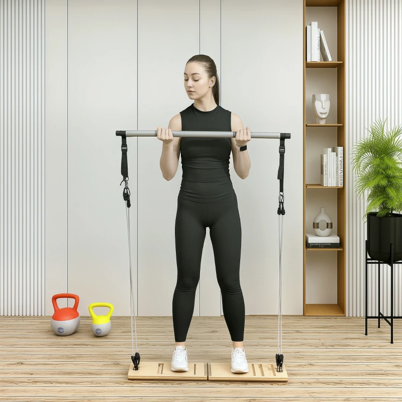 SPORTNOW Barra de Pilates com 6 Faixas Elásticas Tábua Inclinada Ajustável para Treino de Corpo Inteiro em Casa 90x33x3 cm Cinza