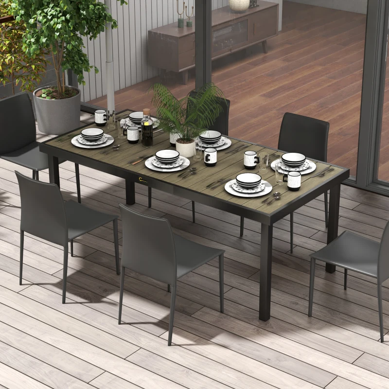 Outsunny Mesa de Comedor Exterior 190x90x74 cm con Encimera de Listones y Estructura de Aluminio para Terraza Rústico y Negro