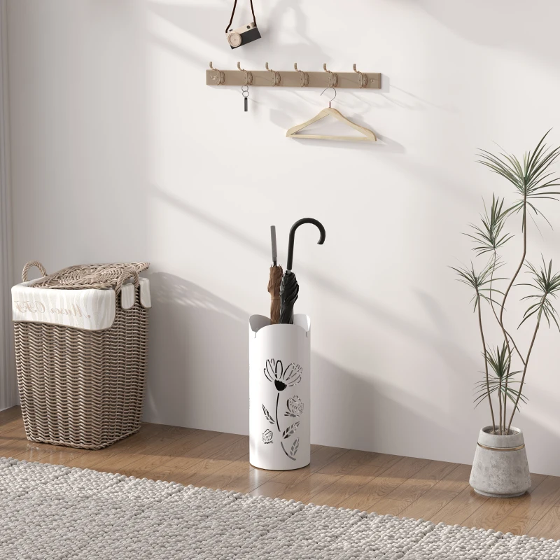 HOMCOM Suporte para Guarda Chuva em Aço com 4 Ganchos Bandeja de Gotejamento Amovível para Entrada ou Escritório Branco 17x17x41 cm