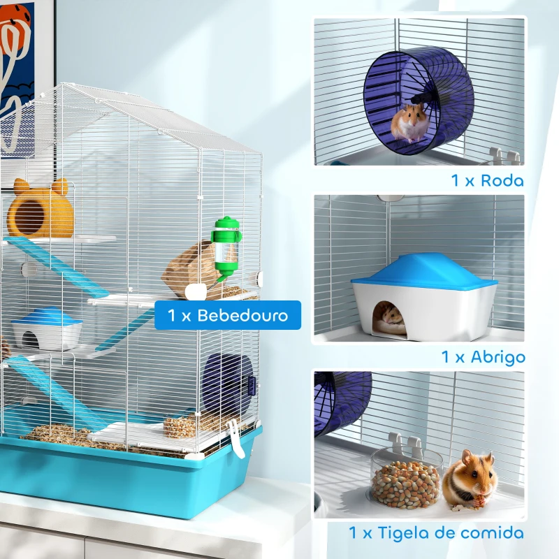 PawHut Gaiola para Hamster de 5 Níveis com Plataformas Comedouro Bebedouro Casa Rampa e Rodas de Exercícios 58x36x81 cm Azul Claro