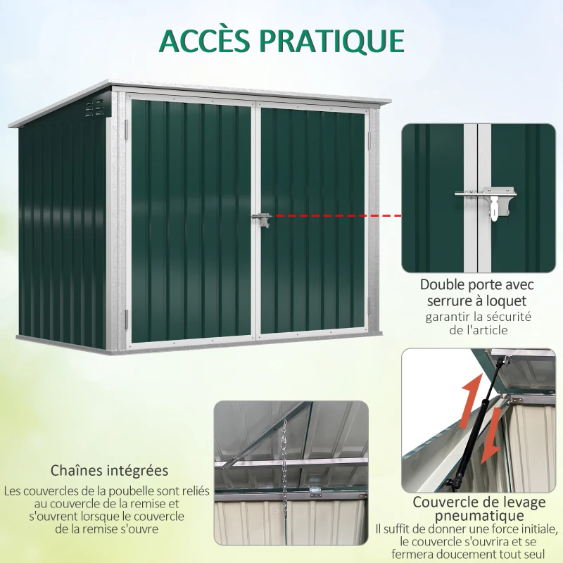 Outsunny Abri cache poubelle double avec deux portes et ouverture 178,5 x 104,5 x 128,5/113 cm vert