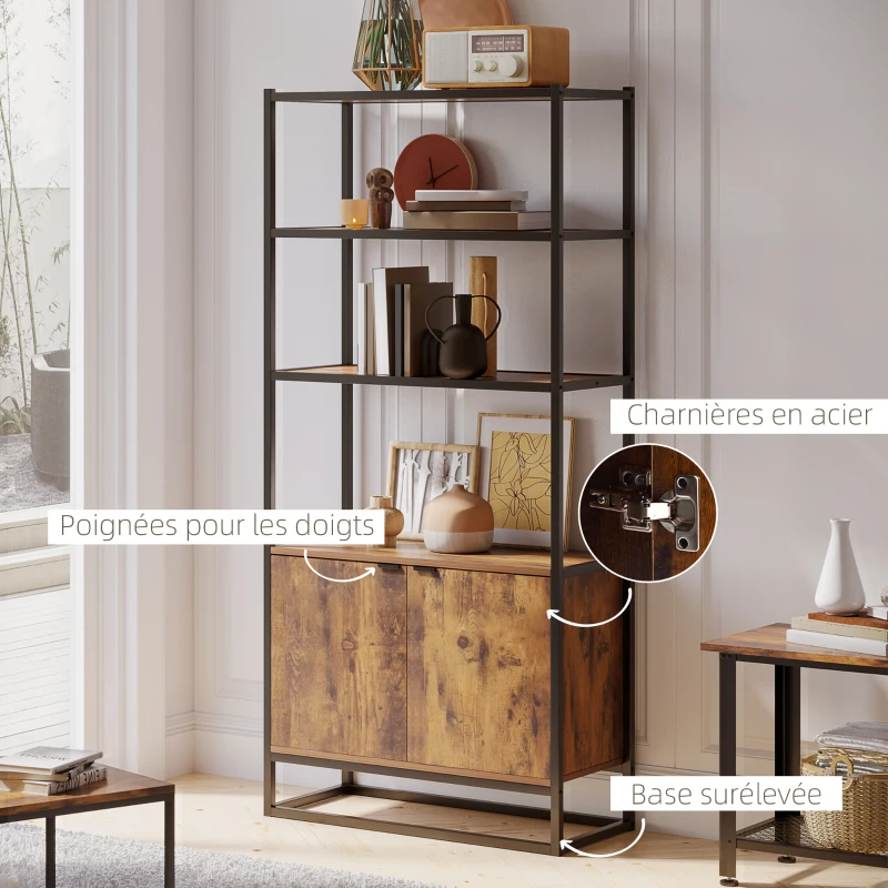 HOMCOM Bibliothèque Style Industriel 3 étagères + Placard 2 Portes Panneaux Particules Aspect Vieux Bois métal Noir