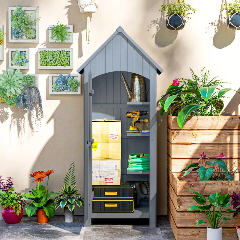 Outsunny Armoire de jardin en bois Abri de jardin Armoire à outils Cabane en bois Toit bitumé Gris 77,5 x 54,2 x 179,5 cm