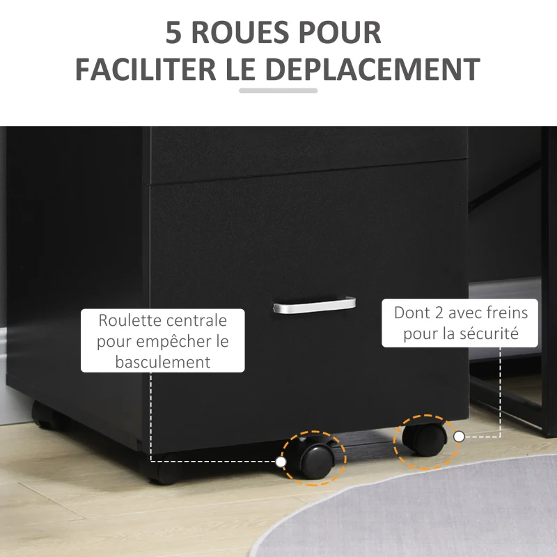 Vinsetto Caisson de bureau rangement sur roulettes dossier meuble armoire de bureau 2 tiroirs verrouillables en MDF panneaux de particules dim. 43L x 45l x 72H cm noir